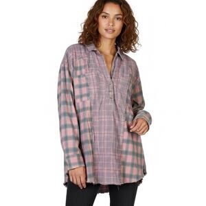 We The Free Plaid Oversized Flannel Size M Pink Collared 100% Cotton Grunge Boho